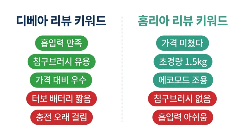 디베아 홈리아 리뷰 만족 불만 키워드 좌우 분할 인포그래픽