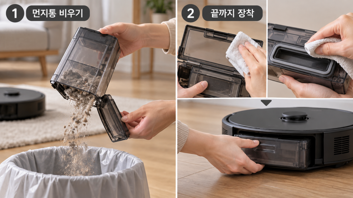 먼지통 비우고 결합 확인