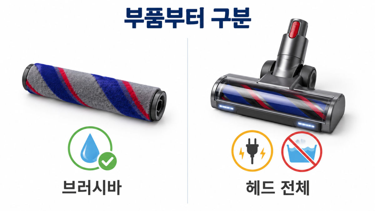 세척 가능한 분리 브러시바와 물세척하지 않는 전동 헤드를 구분한 개념도