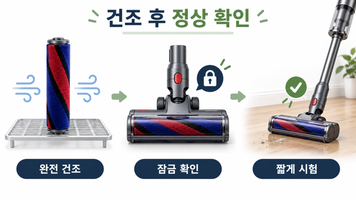 자연 건조와 잠금 확인 후 안전하게 시험하는 순서 개념도