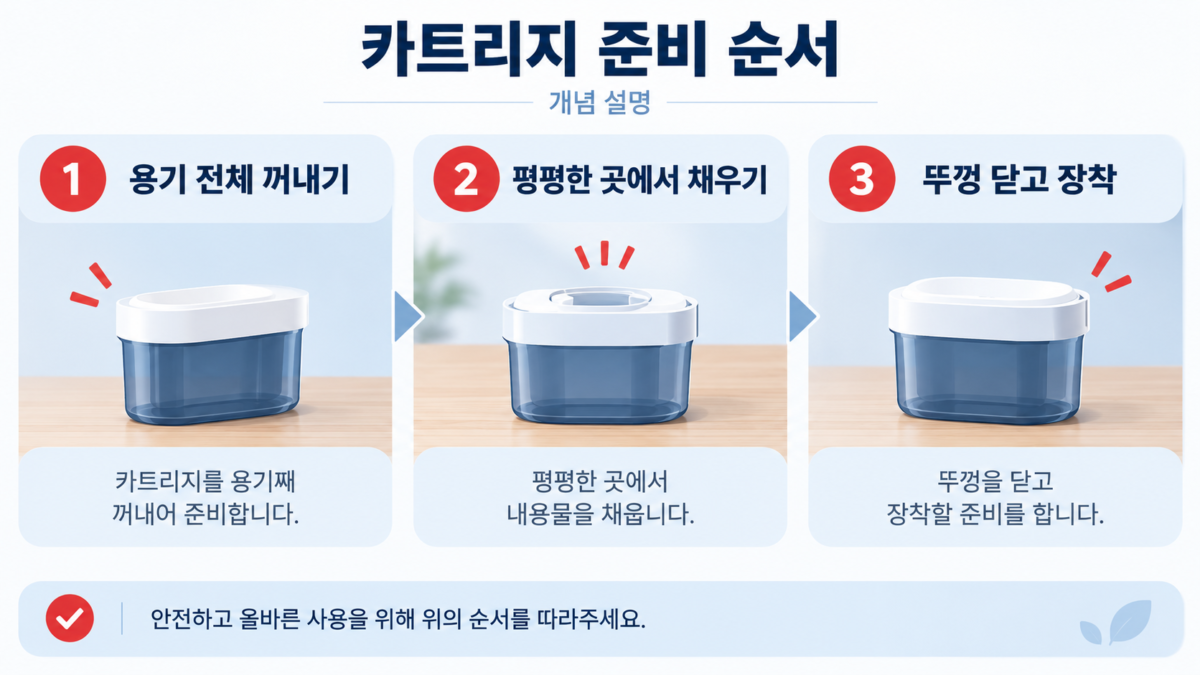 꺼낸 카트리지를 평평한 곳에서 채우고 다시 잠그는 순서