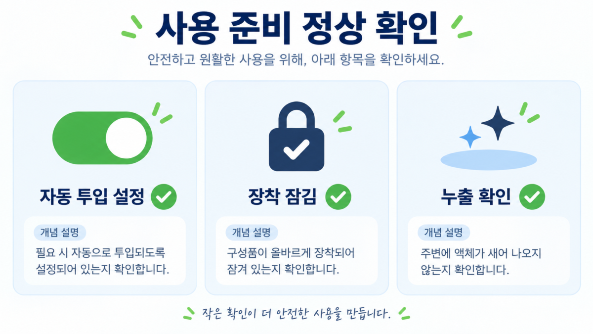 자동 투입 설정·잠김·누출 확인의 세 가지 점검