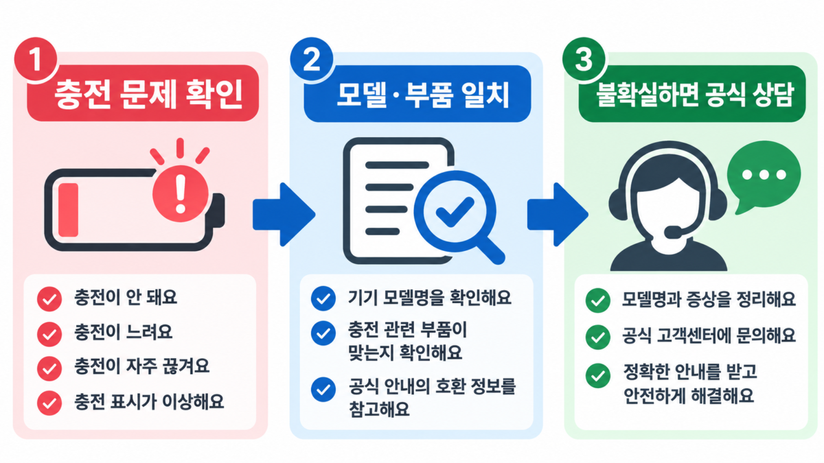 충전 문제와 모델별 호환을 확인한 뒤 필요시 공식 상담